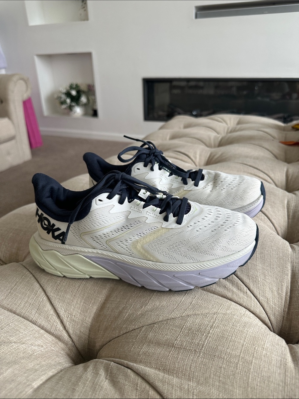 Hoka White and Navy Lightweight Cushioned Running Shoes